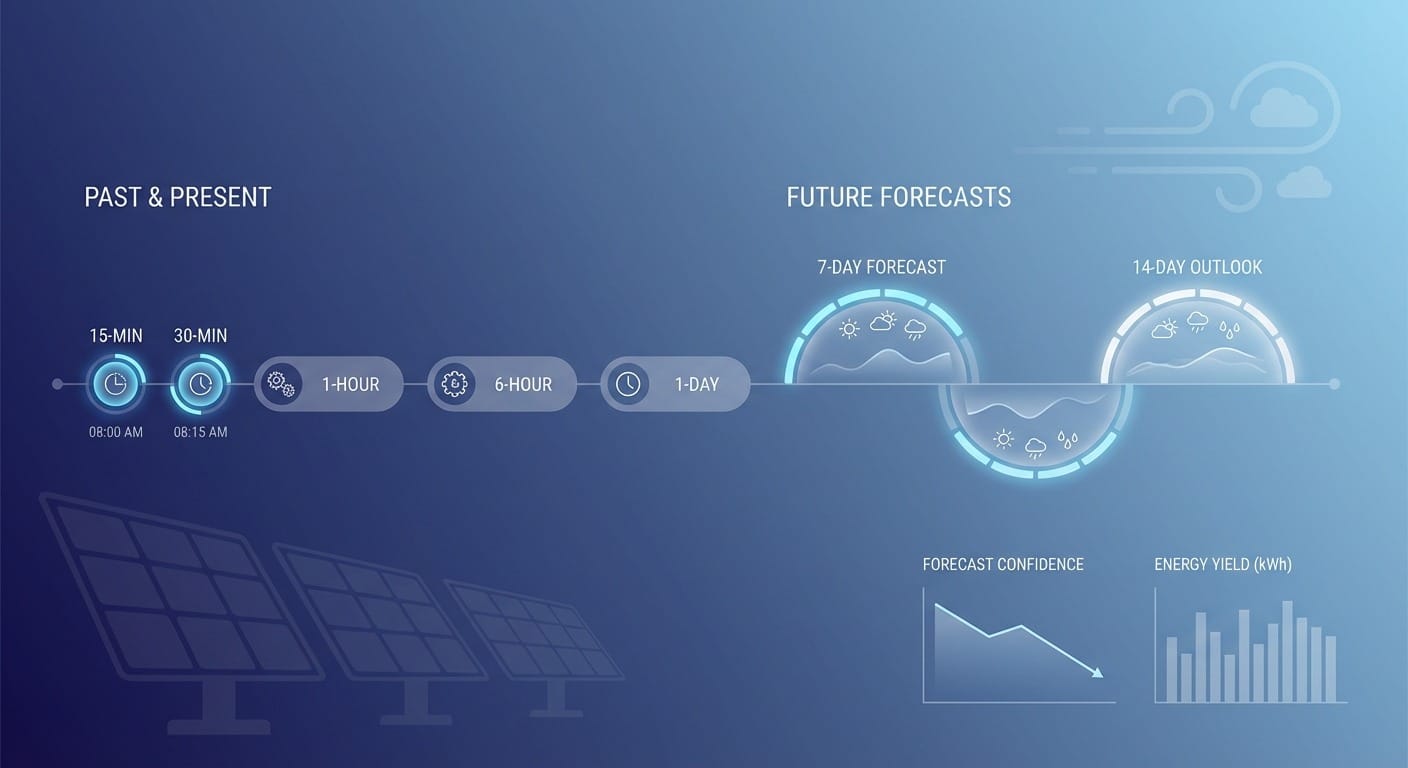 Split-screen illustration showing grid control room, energy trading floor, and solar farm operations with forecasting applications