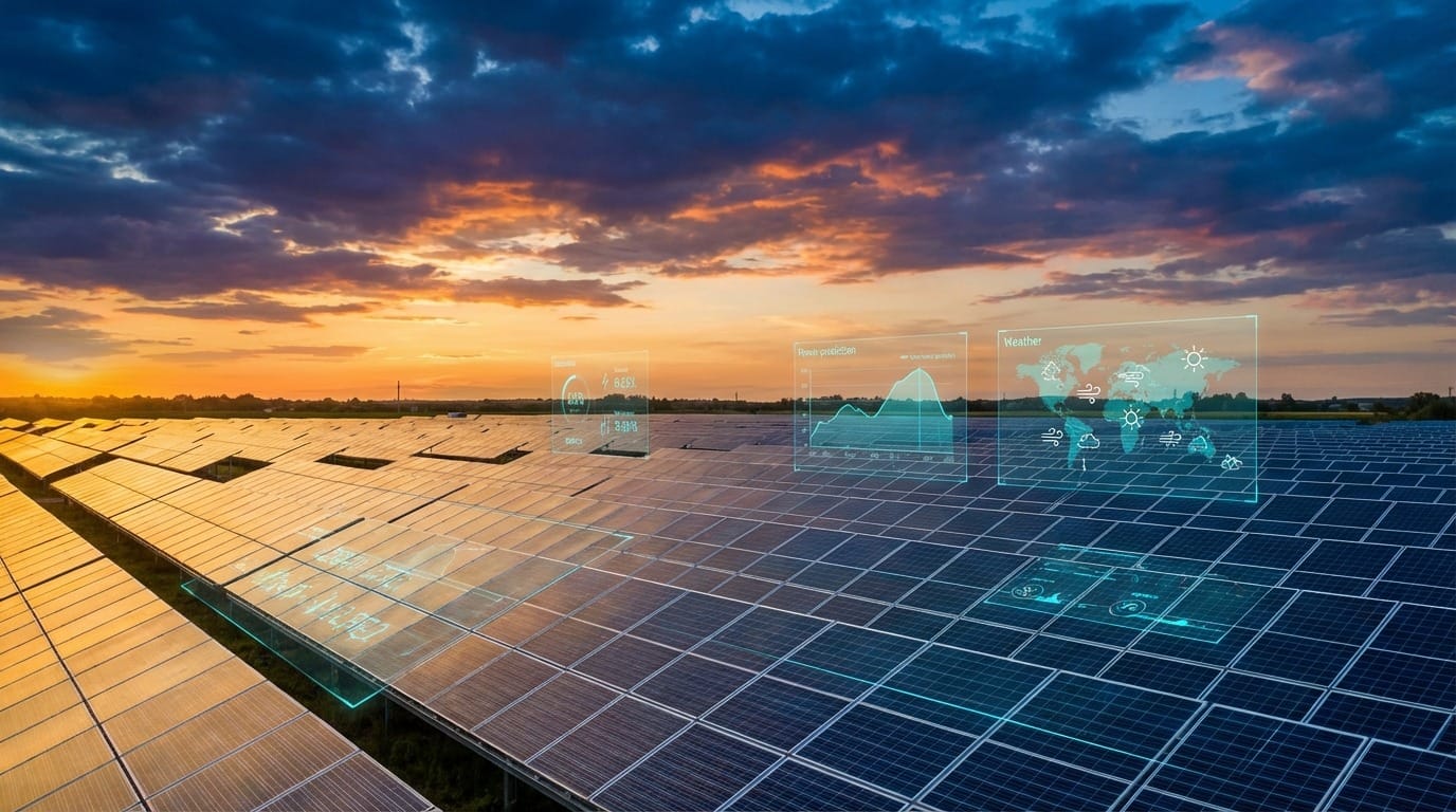 AI-powered solar forecasting visualization with utility-scale solar farm and data analytics overlay