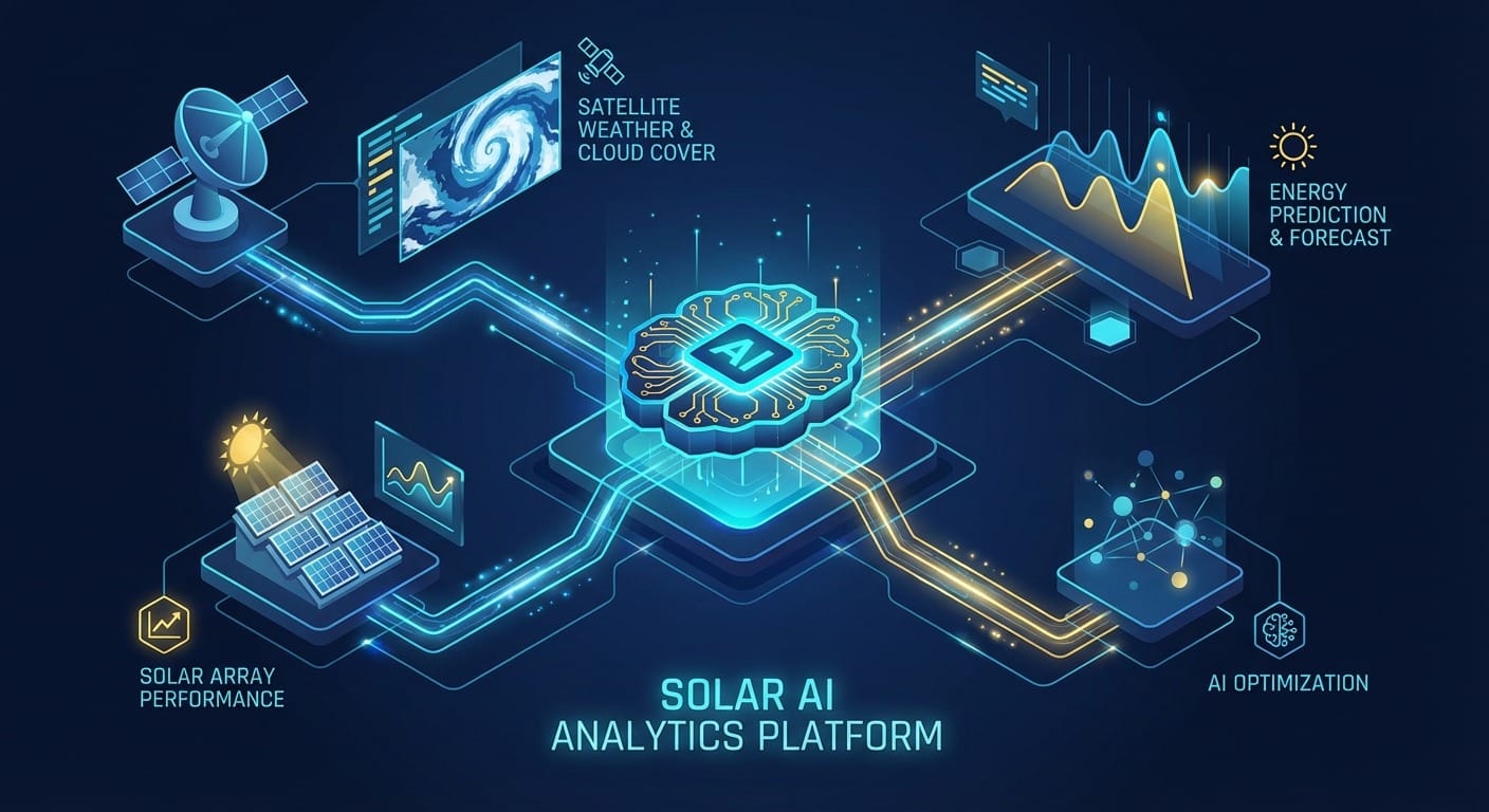 Artificial intelligence neural network analyzing solar energy data with weather patterns and prediction algorithms